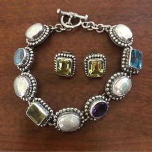 Sterling Silver 925 Toggle Bracelet & Matching Earrings w/ Multi Stones 💚🤍💙💜